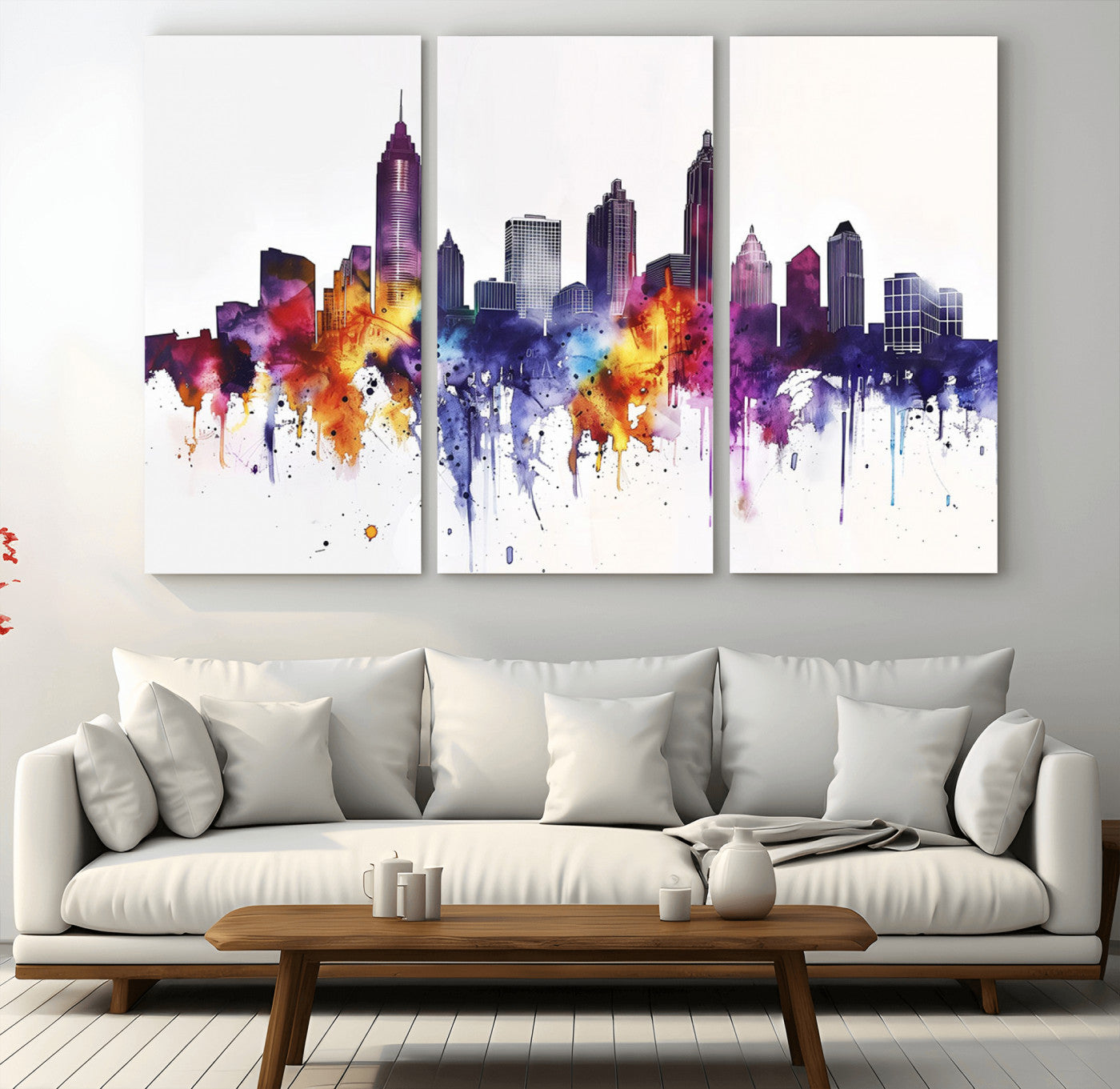 34479880-MGV-CV-36X24-Atlanta Skyline Wall Art Canvas Print – Framed Colorful Watercolor Cityscape Artwork for Home, Office, Living Room