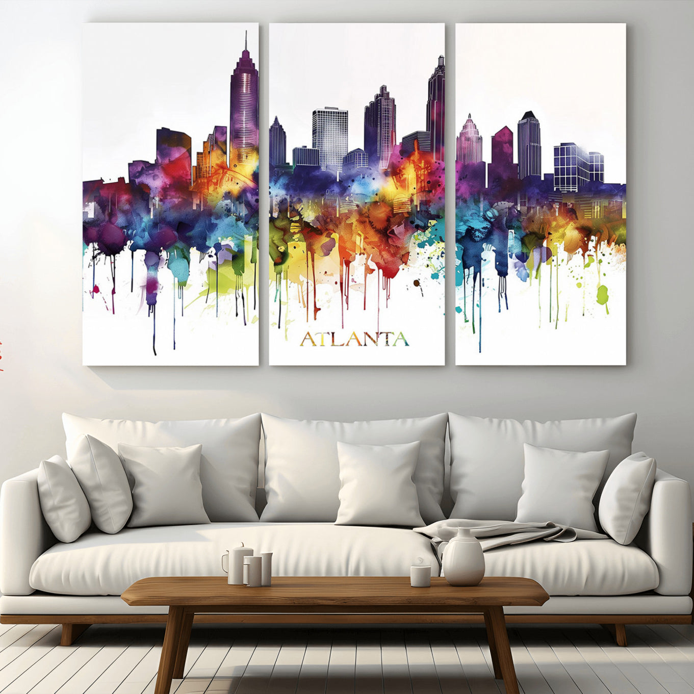 36048320-MGV-CV-36X24-Atlanta Skyline Wall Art Canvas Print – Framed Colorful Watercolor Cityscape Abstract Urban Artwork for Home, Office