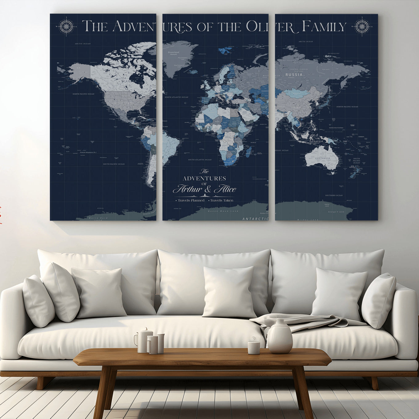 -Personalized Family Adventure World Map – Custom Framed Push Pin Travel Tracker Canvas, Elegant Wall Art for Home, Office