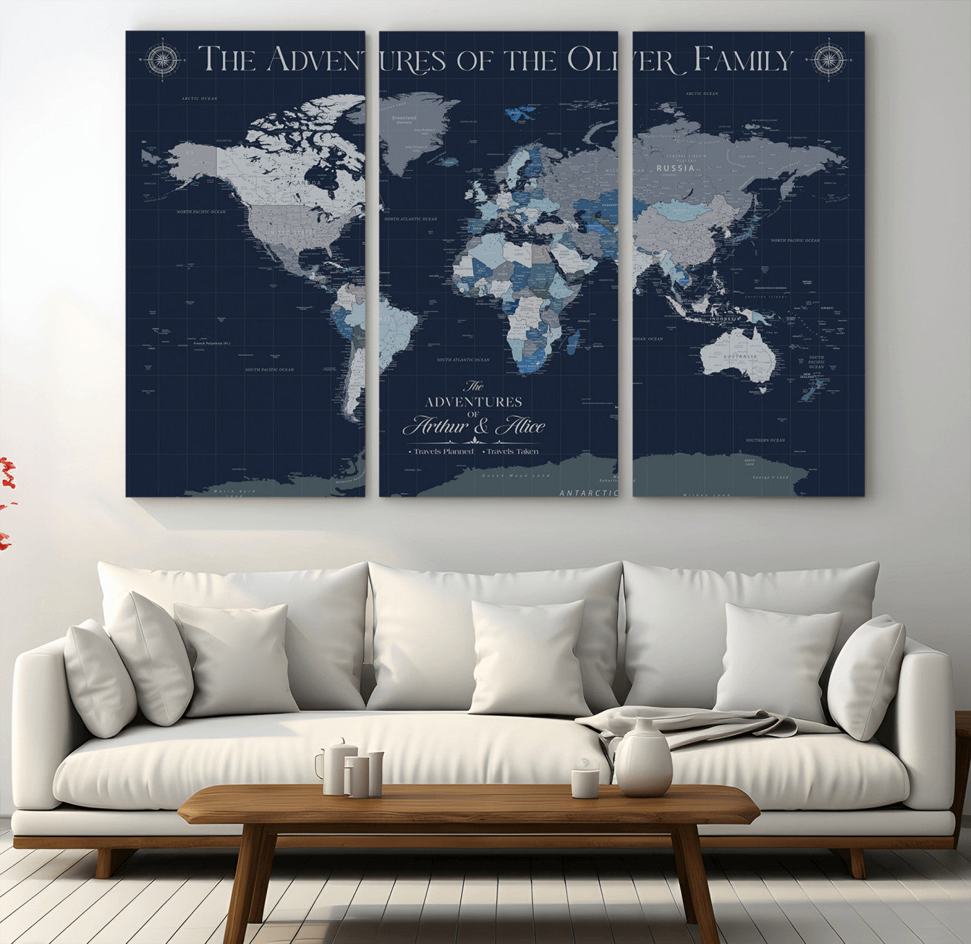 -Personalized Family Adventure World Map – Custom Framed Push Pin Travel Tracker Canvas, Elegant Wall Art for Home, Office