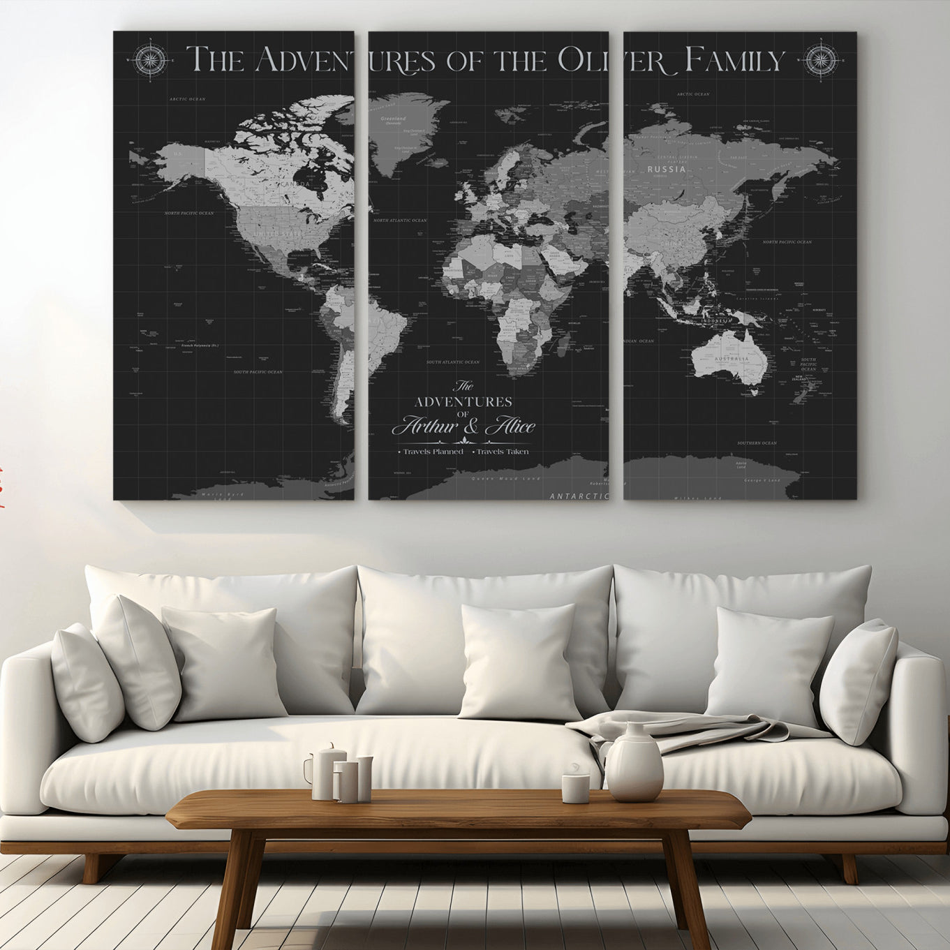 -Personalized Family World Map Canvas – Custom Framed Push Pin Travel Tracker, Modern Adventure Wall Art for Home, Office