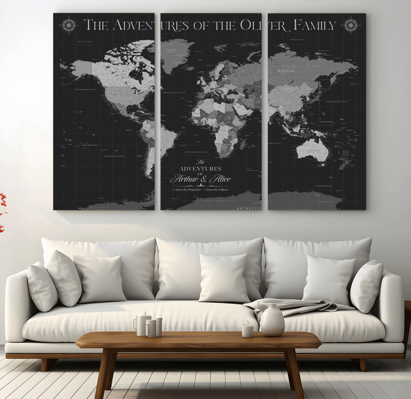-Personalized Family World Map Canvas – Custom Framed Push Pin Travel Tracker, Modern Adventure Wall Art for Home, Office