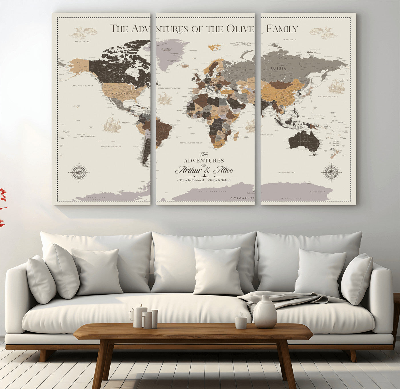 -Personalized Family Adventure World Map Canvas – Custom Framed Push Pin Travel Tracker, Wall Art Gift for Home, Office
