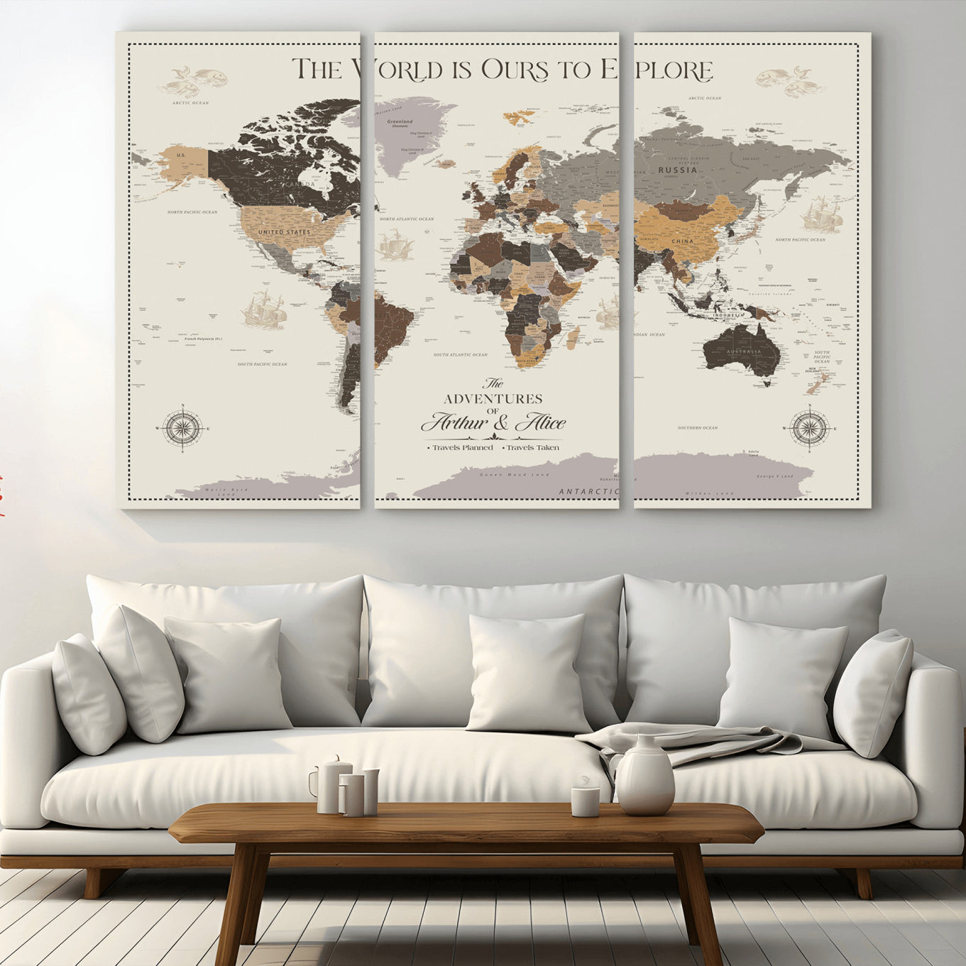-Personalized World Map Canvas Custom Framed Push Pin Travel Tracker Contemporary Wall Art Gift Couples Explorers Home Office