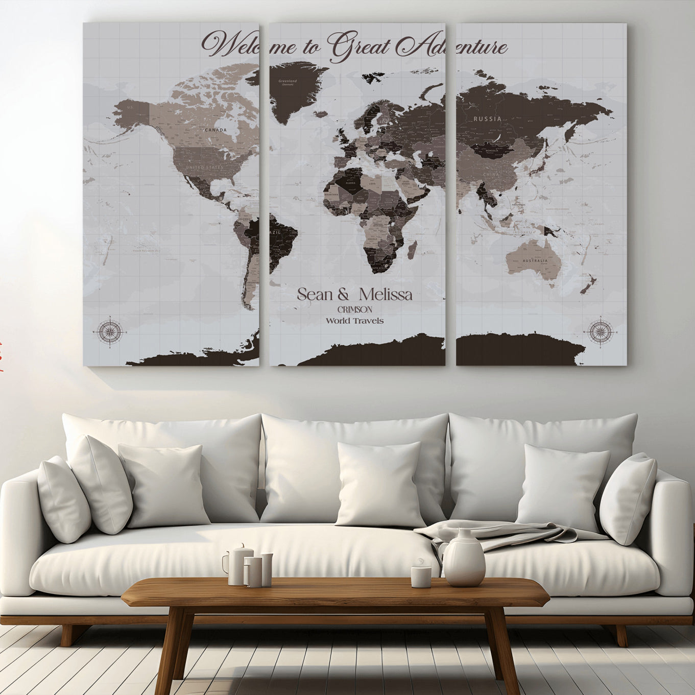 -Personalized Gray Brown World Map Canvas Custom Framed Push Pin Travel Tracker Modern Neutral Wall Art Gift Couples for Home, Office