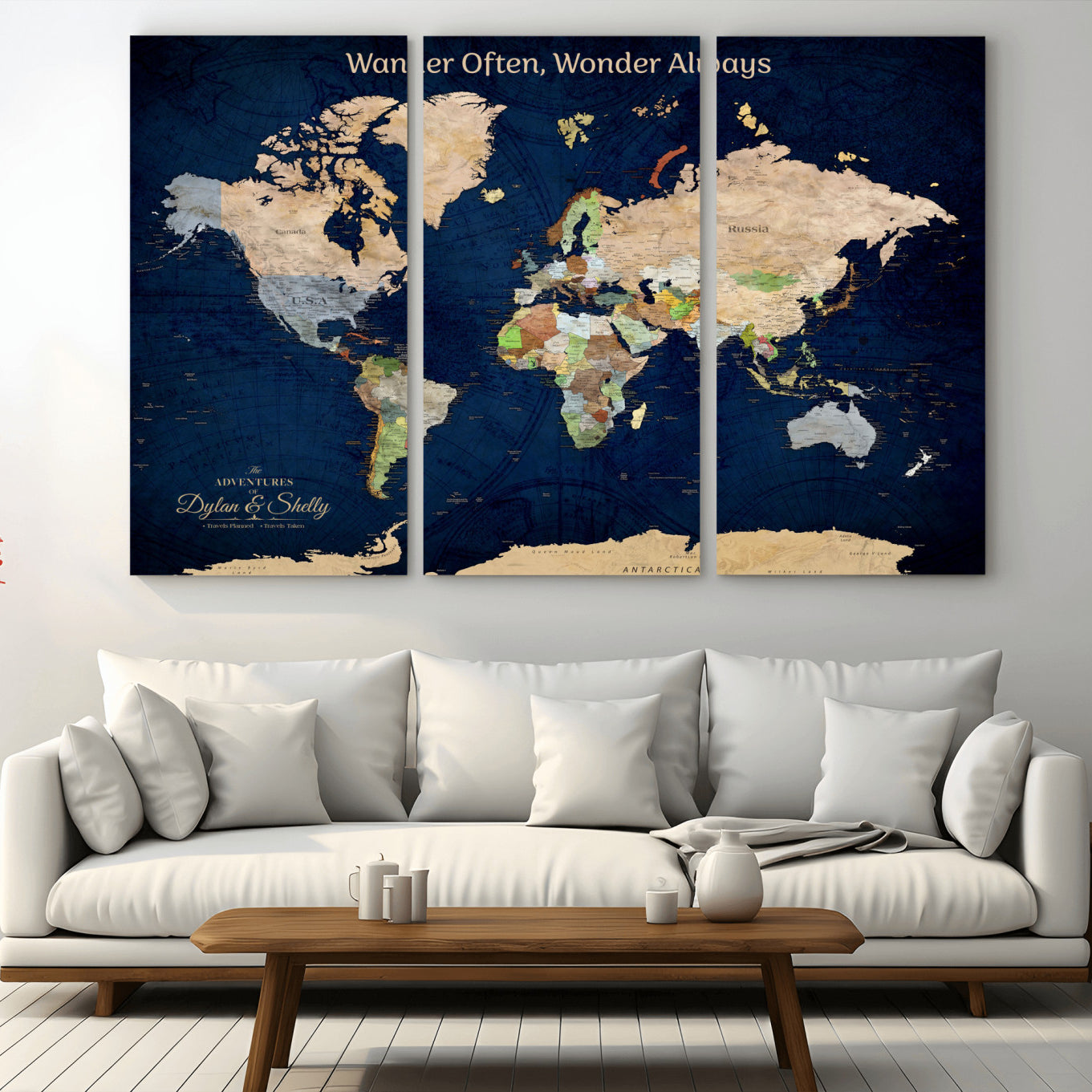 Rehber01-MGV-CV-36X24-Personalized World Map Canvas – Custom Framed Push Pin Travel Map Wall Art, Navy Blue Vintage Gift for Couples and Adventurers