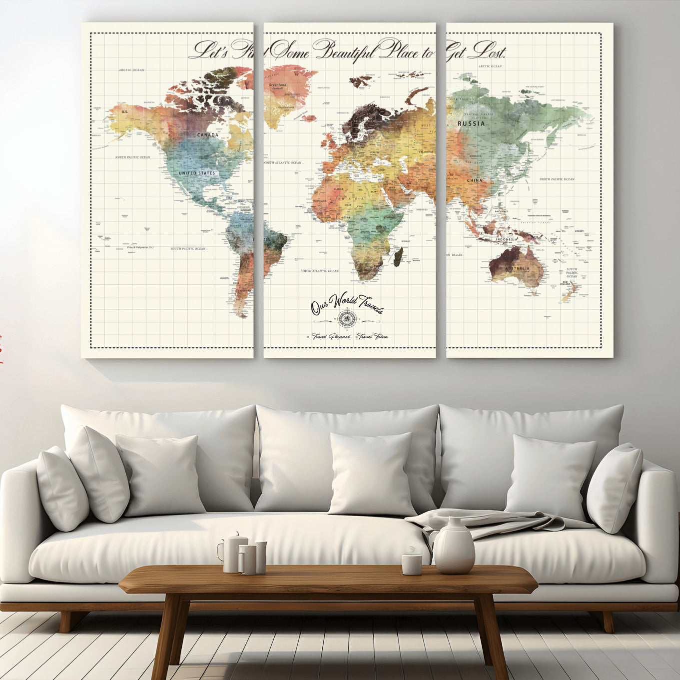 -Personalized Push Pin World Map Canvas Print – Custom Adventure Travel Tracker Map, Framed Wall Art Gift for Couples or Family