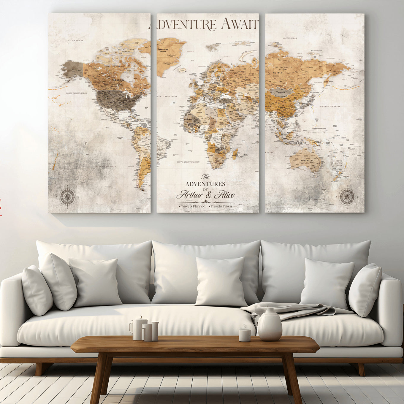 Rehber01-MGV-CV-36X24-Personalized World Map Canvas Print – Custom Push Pin Travel Map Vintage Neutral Style Gift for Couples Travelers for Home Office