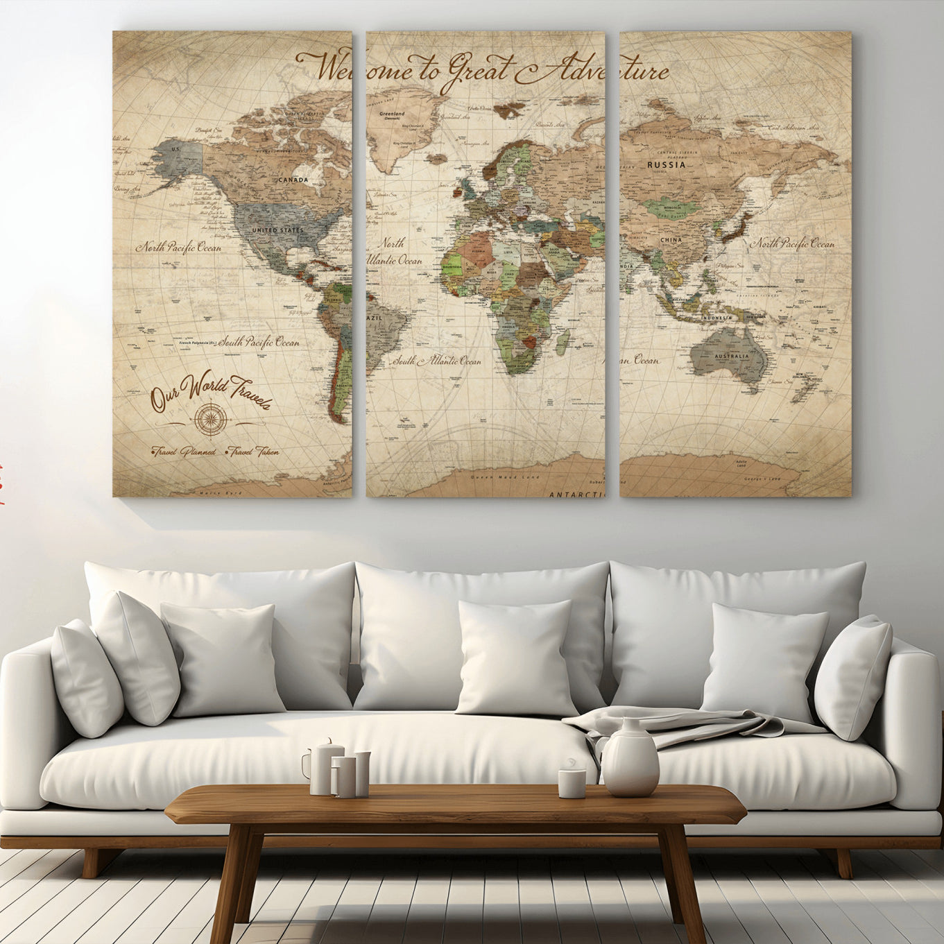 Rehber01-MGV-CV-36X24-Personalized Antique World Map Canvas Print – Custom Push Pin Travel Tracker Vintage Adventure Gift for Couples for Home, Office