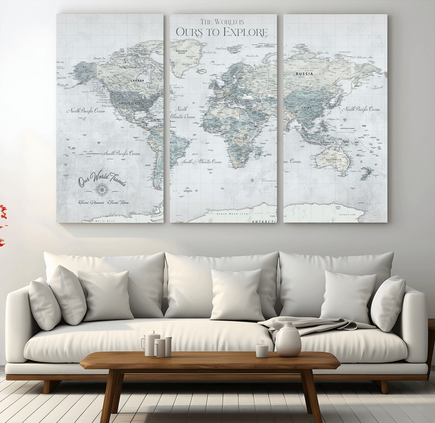 73654056-MGV-CV-48X32-3P - Personalized Push Pin World Map Canvas Print – Custom Framed Travel Tracker Artwork for Couples or Home Decor