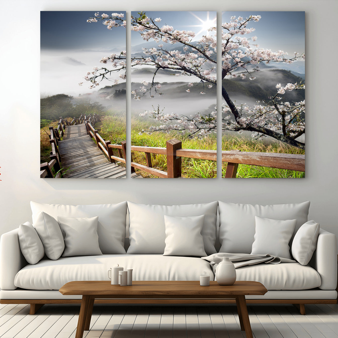 -Sakura Cherry Blossom Pathway Canvas Wall Art – Tranquil Walk Through Blossoming Nature – Ready to