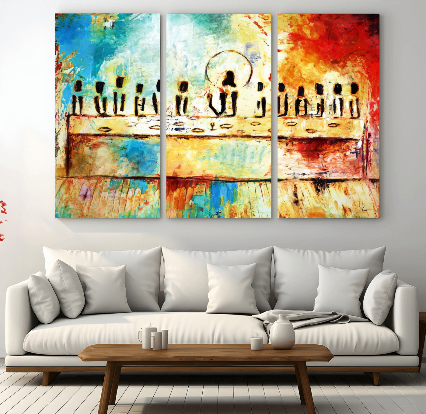 YKE34632598CR-MGV-CV-36X24-Abstract Last Supper Wall Art Canvas Print – Apostles Gathering Modern Spiritual Colorful Artwork for home, office