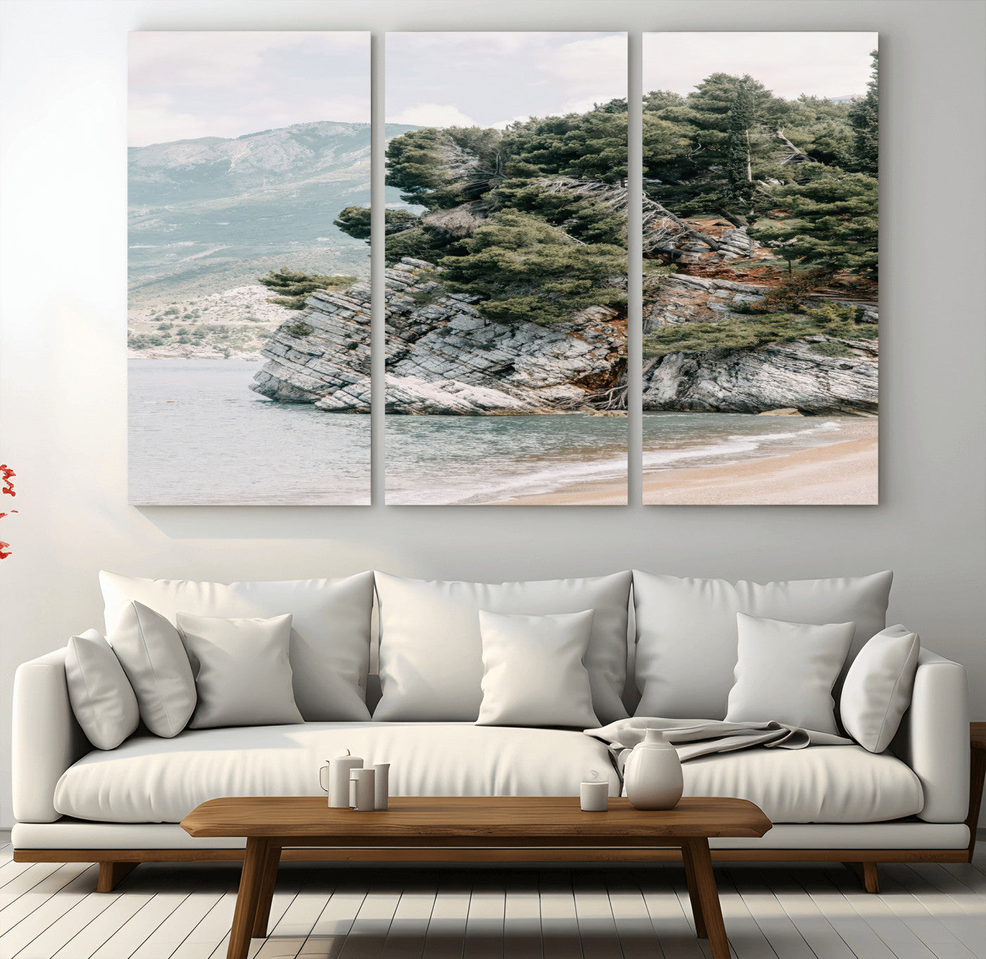 MGV-CV-48X32-3P - Coastal Rock Canvas Wall Art Print, Scenic Beach Landscape, Pine Trees on Rocky Cliff, Large Nature