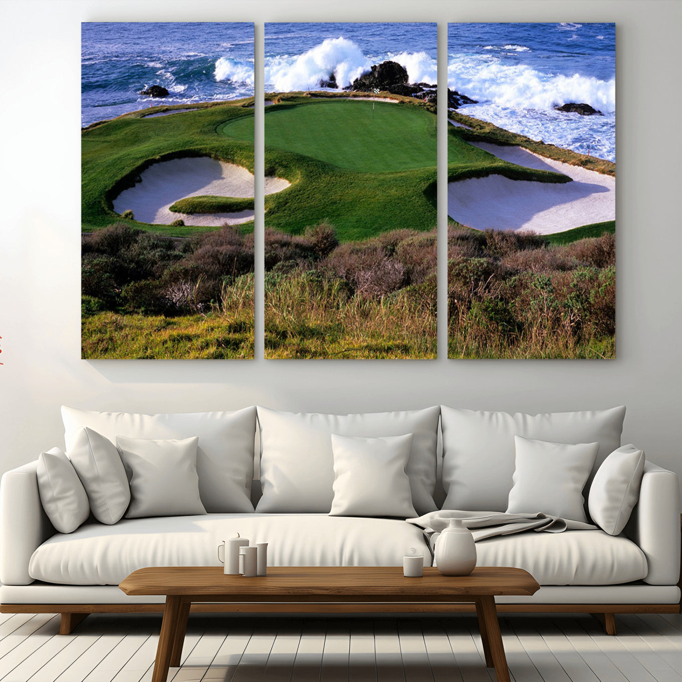 22776914-MGV-CV-36X24-Ocean Cliff Golf Green Canvas Print – Framed Majestic Coastal Scene with Lush Green Artwork for Home, Office