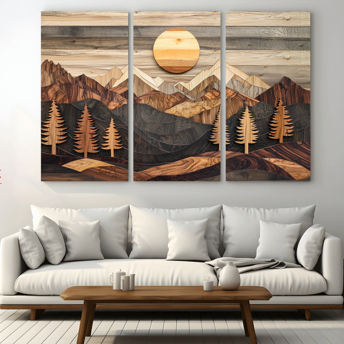 19832326-MGV-CV-48X32-3P - Wooden Mountain Landscape Layered Texture Geometric Shapes Sun Pine Trees Rustic Natural Tones Art