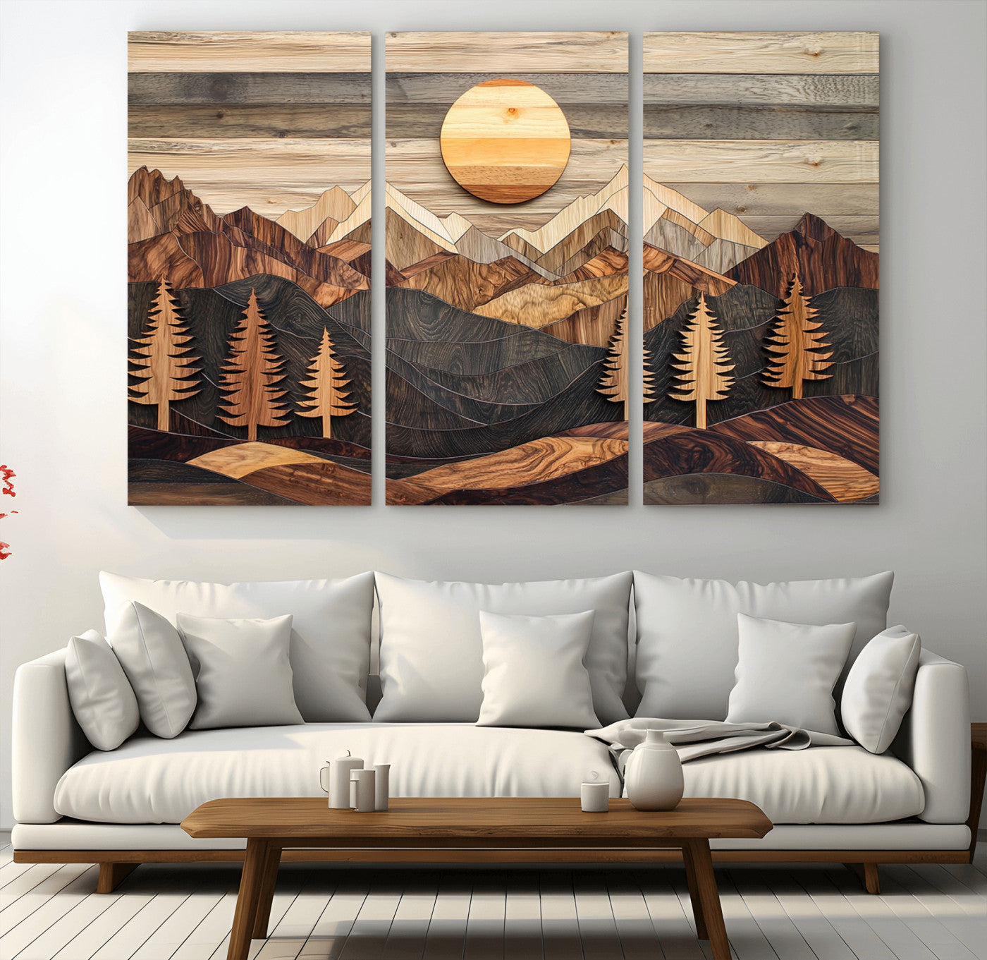 19832326-MGV-CV-48X32-3P - Wooden Mountain Landscape Layered Texture Geometric Shapes Sun Pine Trees Rustic Natural Tones Art