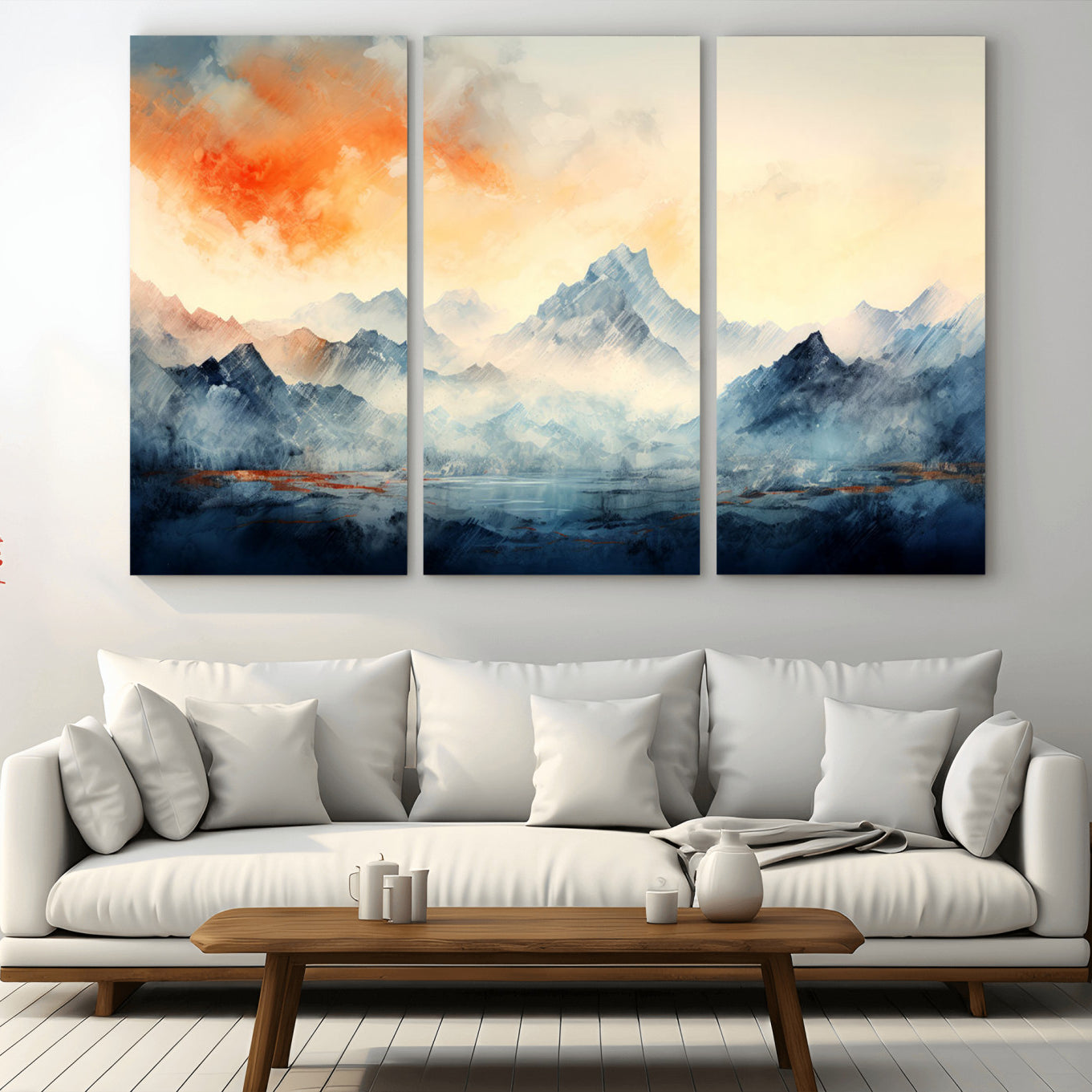 WRM1005-MGV-CV-48X32-3P - Warm Clouds Abstract Mountain Wall Art, Modern Landscape Canvas Print, Minimal Framed Artwork for Home, Office