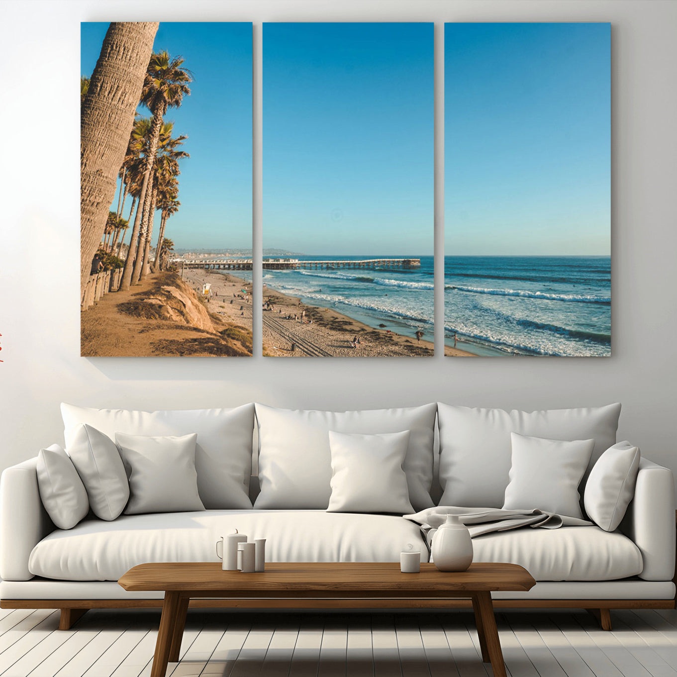 MGV-CV-48X32-3P - Scenic Beach with Tall Palm Trees, Sandy Shore, and Long Pier Stretching into the Calm Ocean Under
