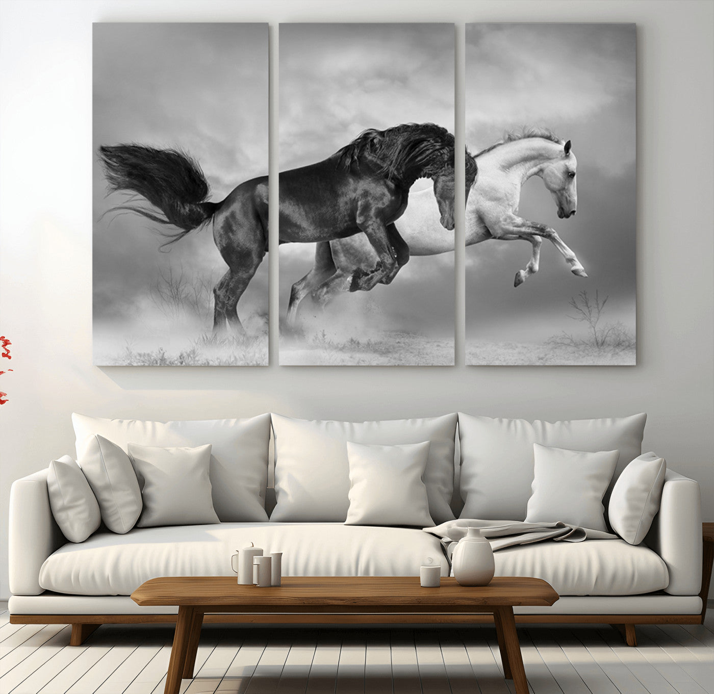 -Wild Horses Wall Art Canvas Print – Framed Black and White Galloping Horses Dynamic Animal Artwork for Home, Office