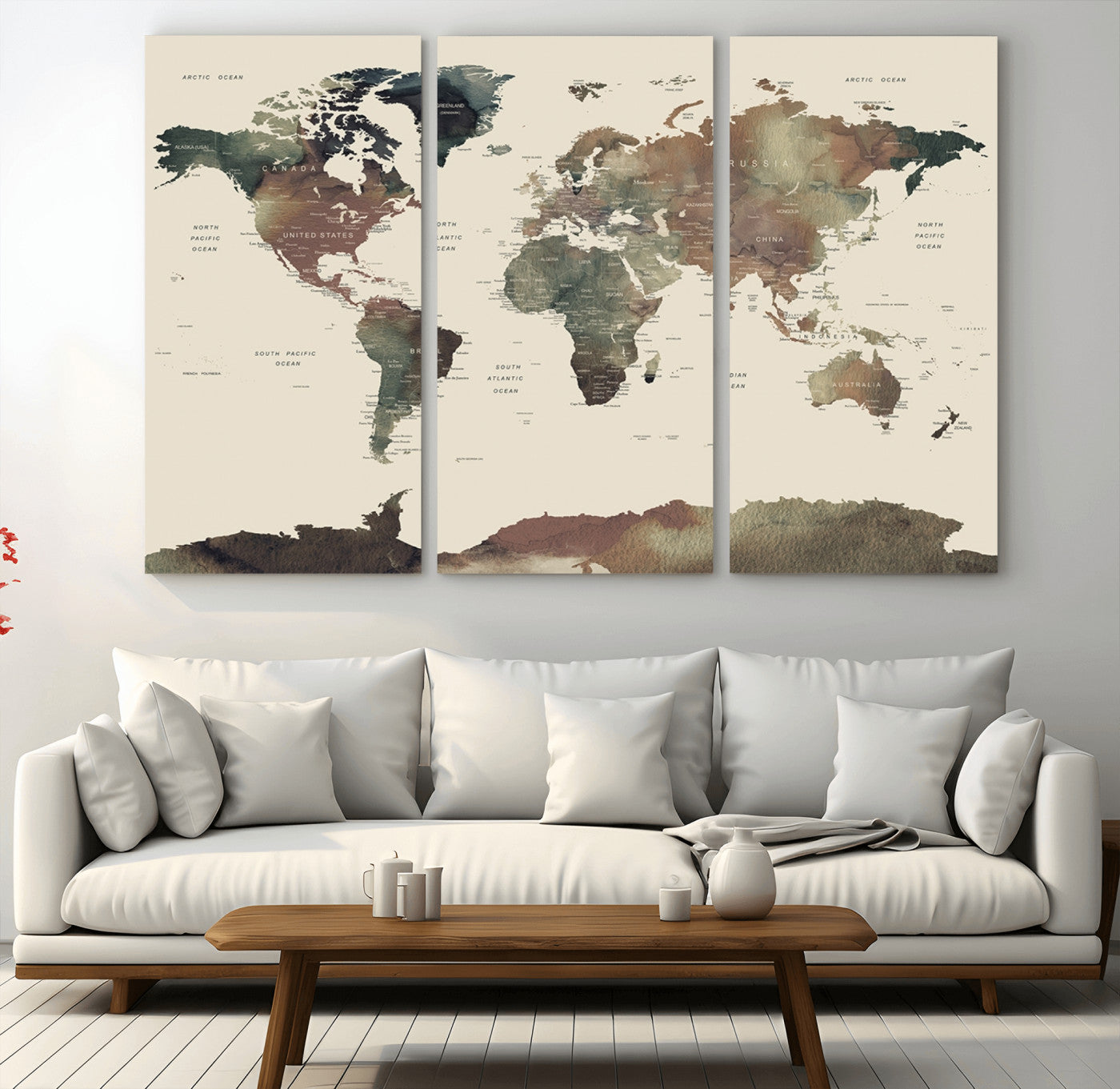 23199-MGV-CV-48X32-3P-Neutral Watercolor World Map Canvas Wall Art – Framed Earth Tone Map Print, Minimalist Travel Artwork for Modern Home and Office Decor