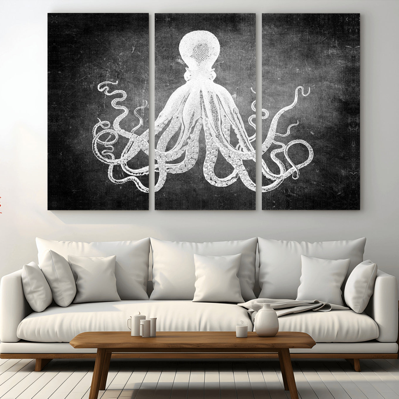 67312-MGV-CV-48X32-3P-Black White Octopus Wall Art Canvas Print