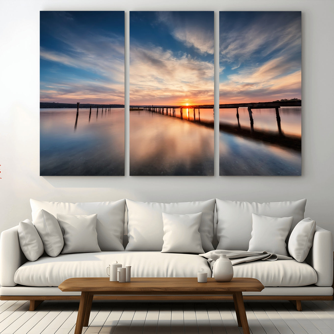 39967-MGV-CV-36X24-Wooden Pier on Seascape and Sunset Wall Art Canvas Print