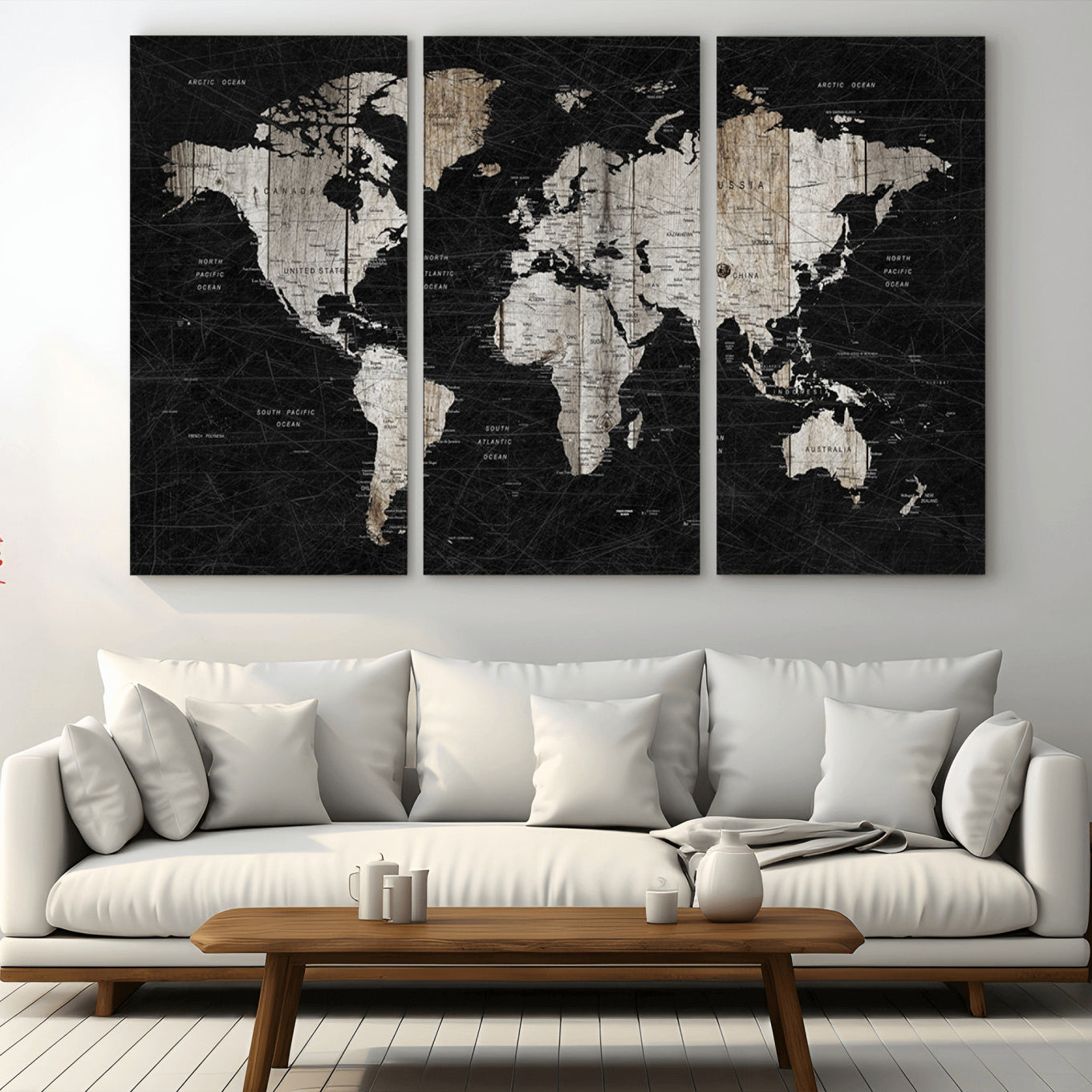 89998-MGV-CV-36X24-Rustic Black and Wood World Map Canvas Wall Art – Framed Push Pin Travel Map for Home and Office Decor, Modern Vintage Wall Artwork