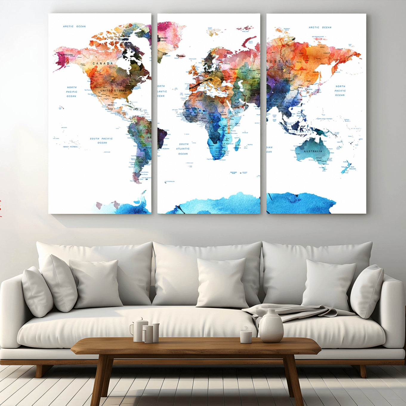 11576-MGV-CV-48X32-3P-Vibrant Watercolor World Map Canvas Wall Art – Framed Push Pin Travel Map for Home and Office Decor, Modern Colorful Wall Artwork
