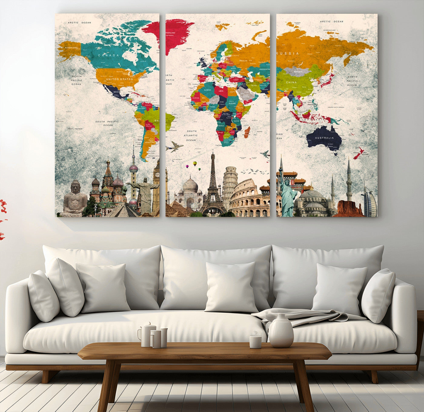 98056-MGV-CV-36X24-Colorful World Map Canvas Wall Art with Landmarks – Framed Travel Map Print for Home and Office Decor, Perfect Gift for Travel Lovers