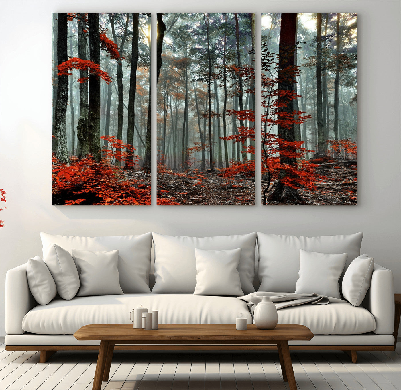 59209-MGV-CV-48X32-3P-Autumn Forest Wall Art – Enchanting Red Leaves Canvas Print, Nature Inspired Fall Landscape Decor for Living Room or Bedroom