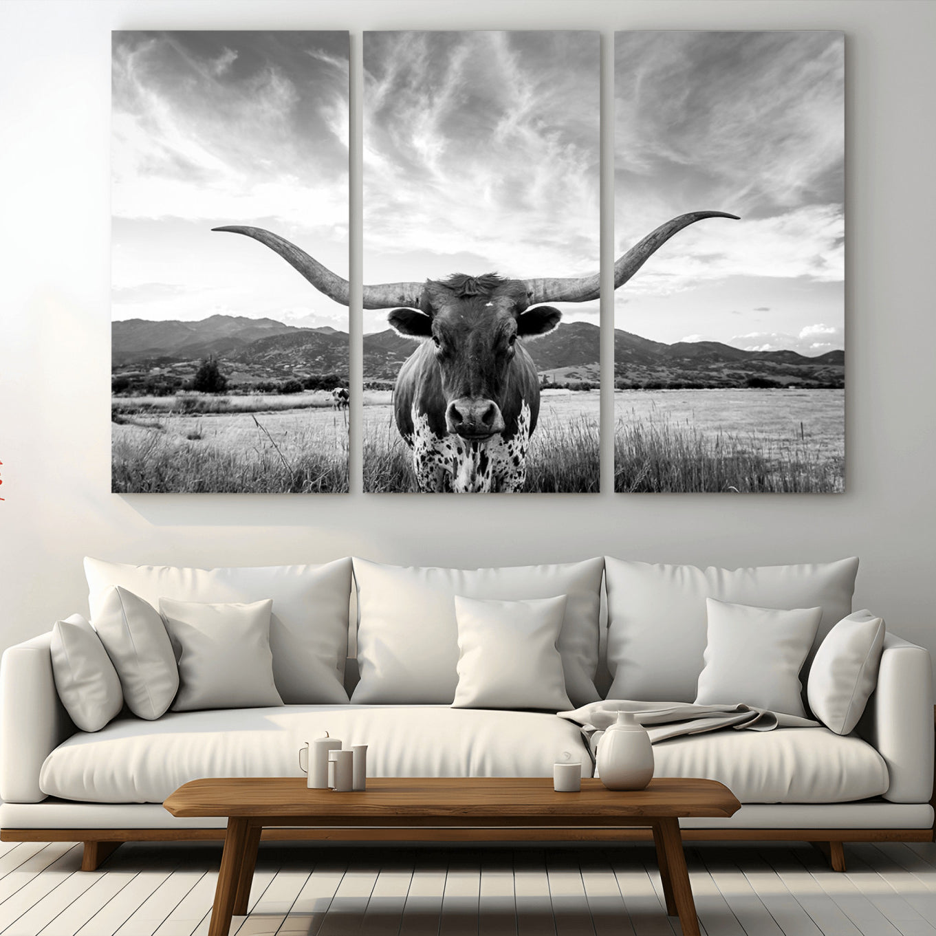 79527-MGV-CV-48X32-3P-Longhorn Black and White Wall Art – Rustic Western Bull Canvas Print, Farmhouse Country Decor for Living Room, Office or Ranch, Cowboy Wall Artwork