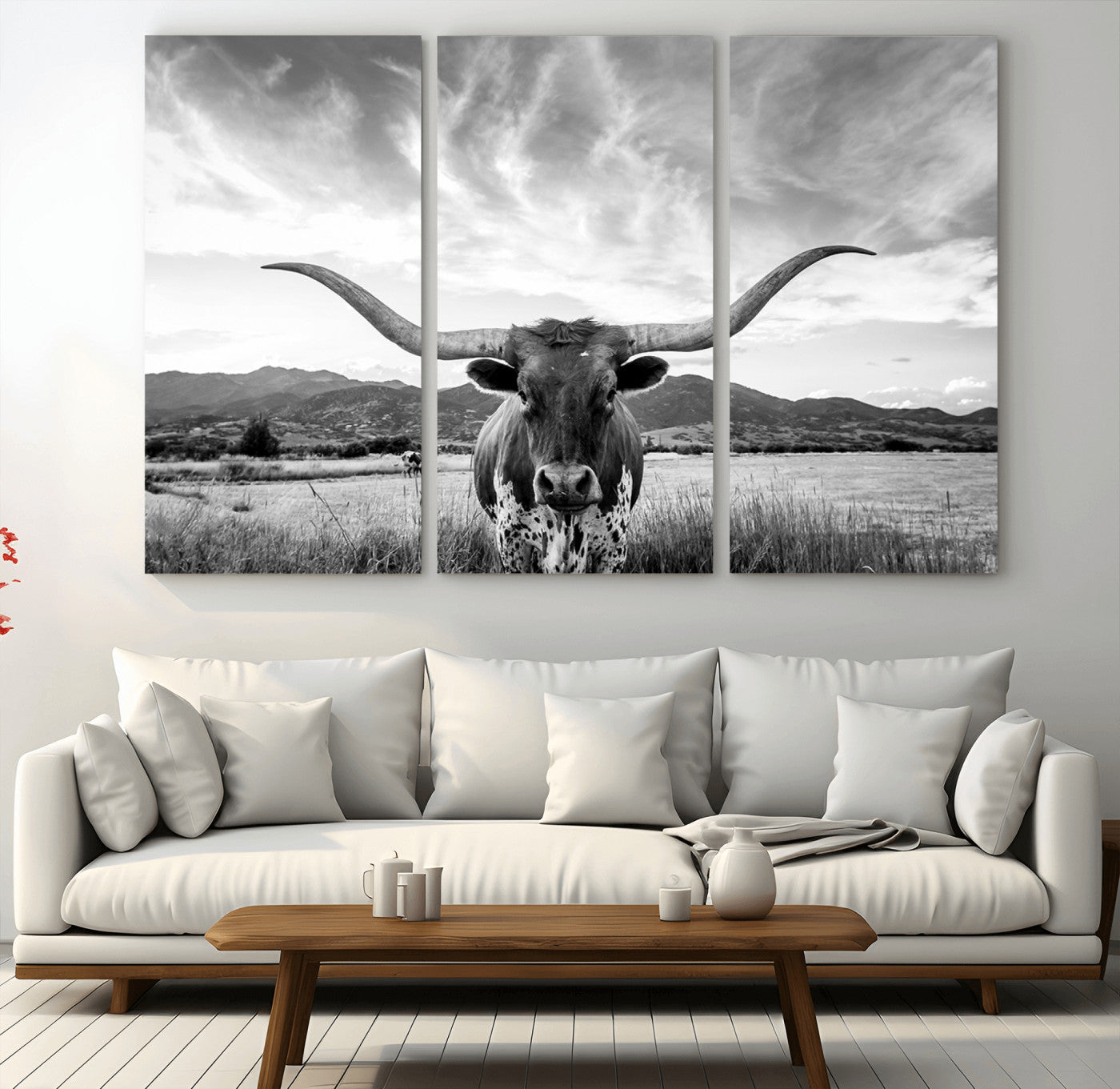 79527-MGV-CV-48X32-3P-Longhorn Black and White Wall Art – Rustic Western Bull Canvas Print, Farmhouse Country Decor for Living Room, Office or Ranch, Cowboy Wall Artwork