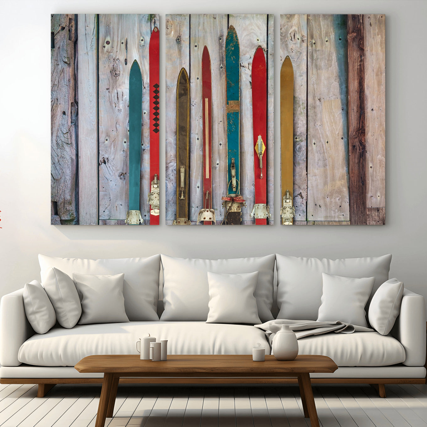 30640-MGV-CV-48X32-3P-Vintage Wooden Weathered Ski's in Front of an Old Barn Wall Art Canvas Print for Farmhouse, Cabin