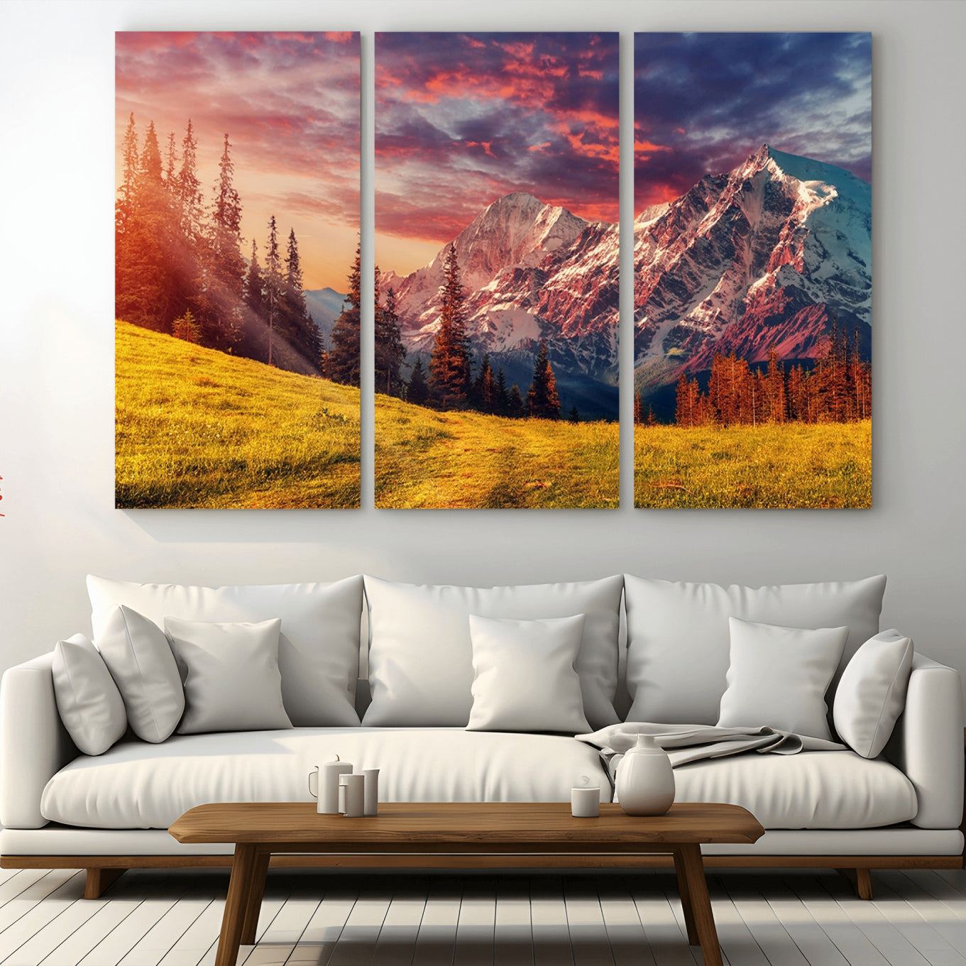 48448-MGV-CV-48X32-3P-Mountain and Daylight Red Sunset Wall Art Canvas Print