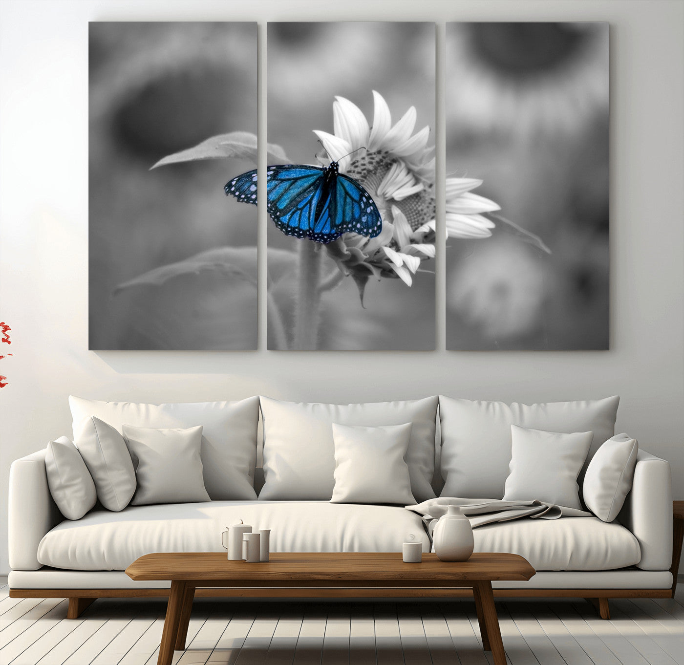 -Blue Butterfly Black and White Canvas Wall Art