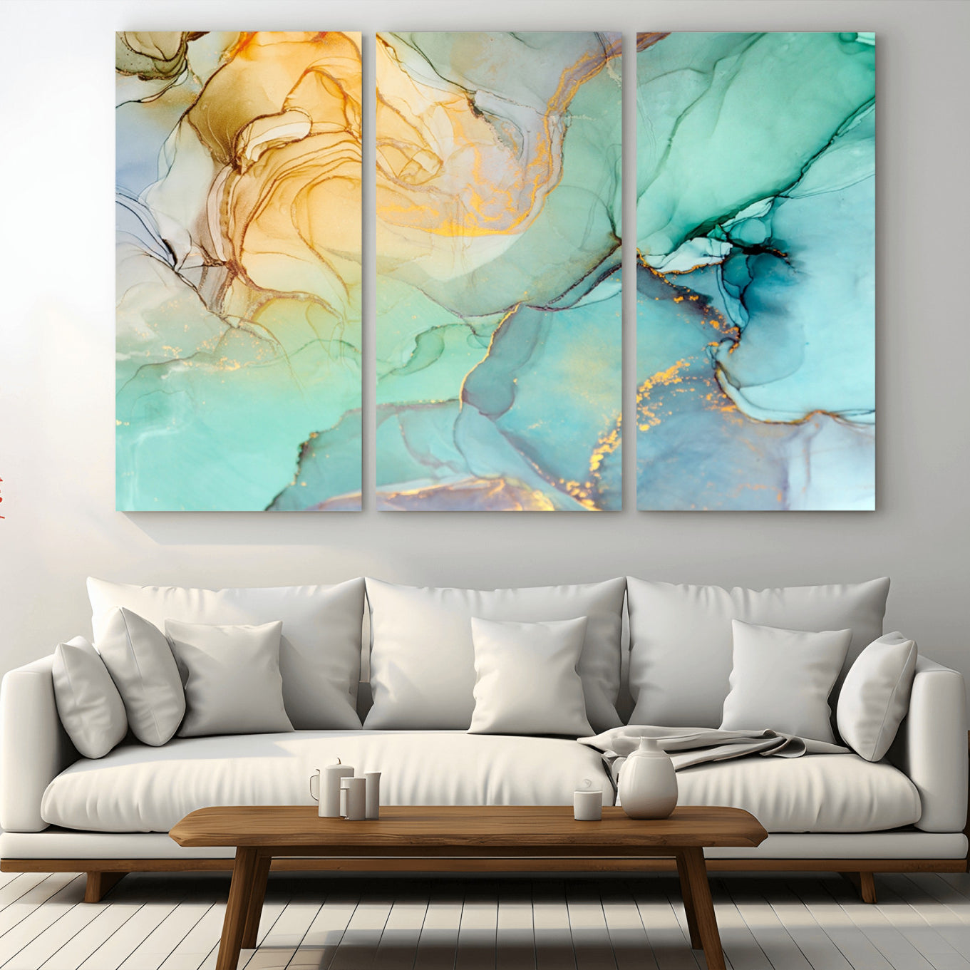 84233-MGV-CV-48X32-3P-Abstract Aqua and Gold Fluid Wall Art Canvas | 3 Panel Large Canvas Print for Living Room, Office,
