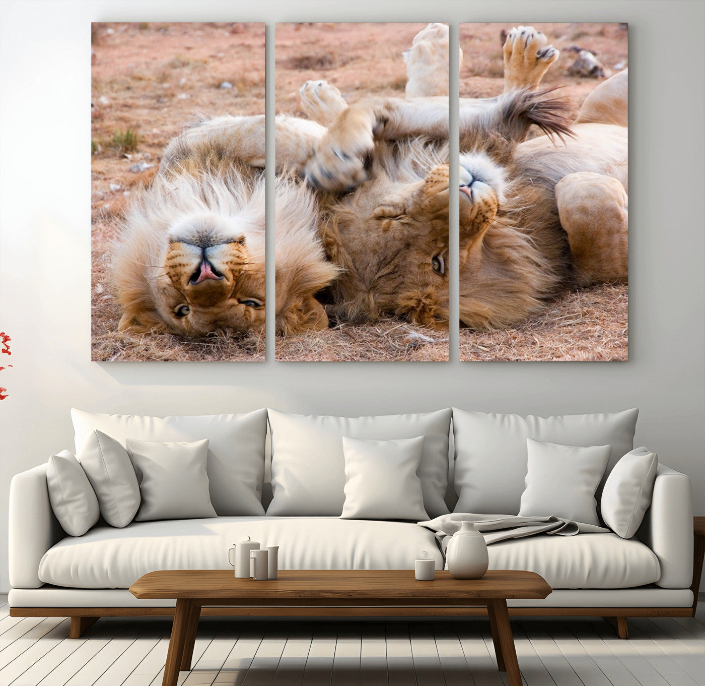 62598-MGV-CV-36X24-Lion Pair Wall Art Canvas Print – Framed Wildlife Scene with Playful Lions Artwork for Home, Office, Living Room