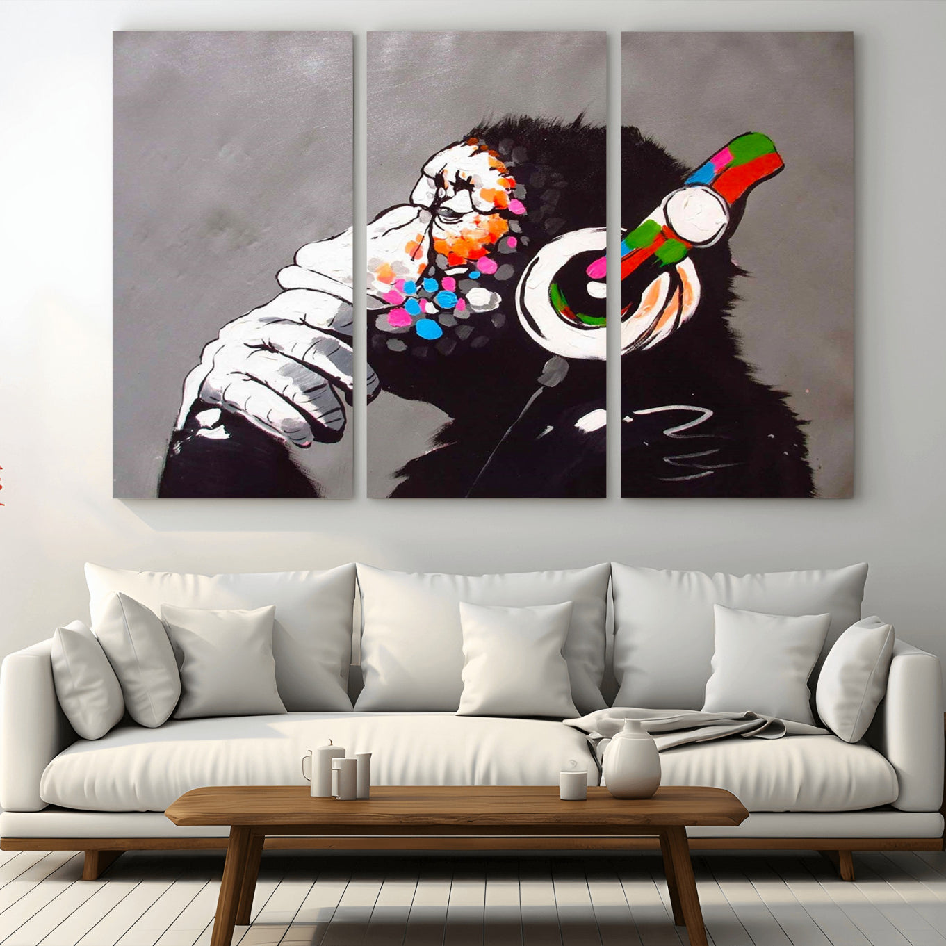 56887-MGV-CV-36X24-Dj Monkey Listening to Music Wall Art Print | Banksy Monkey Large Canvas Print for Living Room,