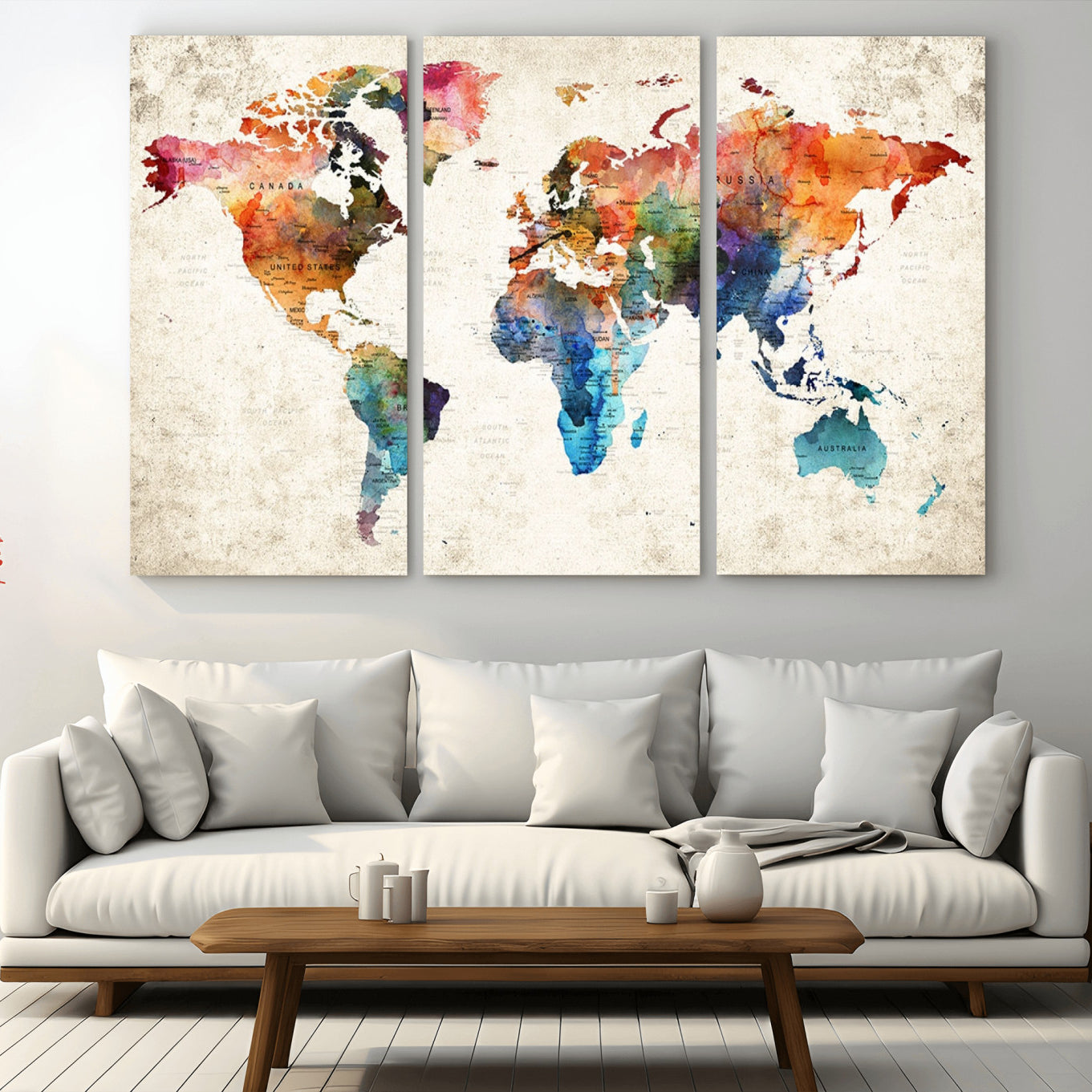 66549-MGV-CV-48X32-3P-Colorful Watercolor World Map Canvas Wall Art – Framed Push Pin Travel Map for Home and Office Decor, Artistic Modern Wall Artwork