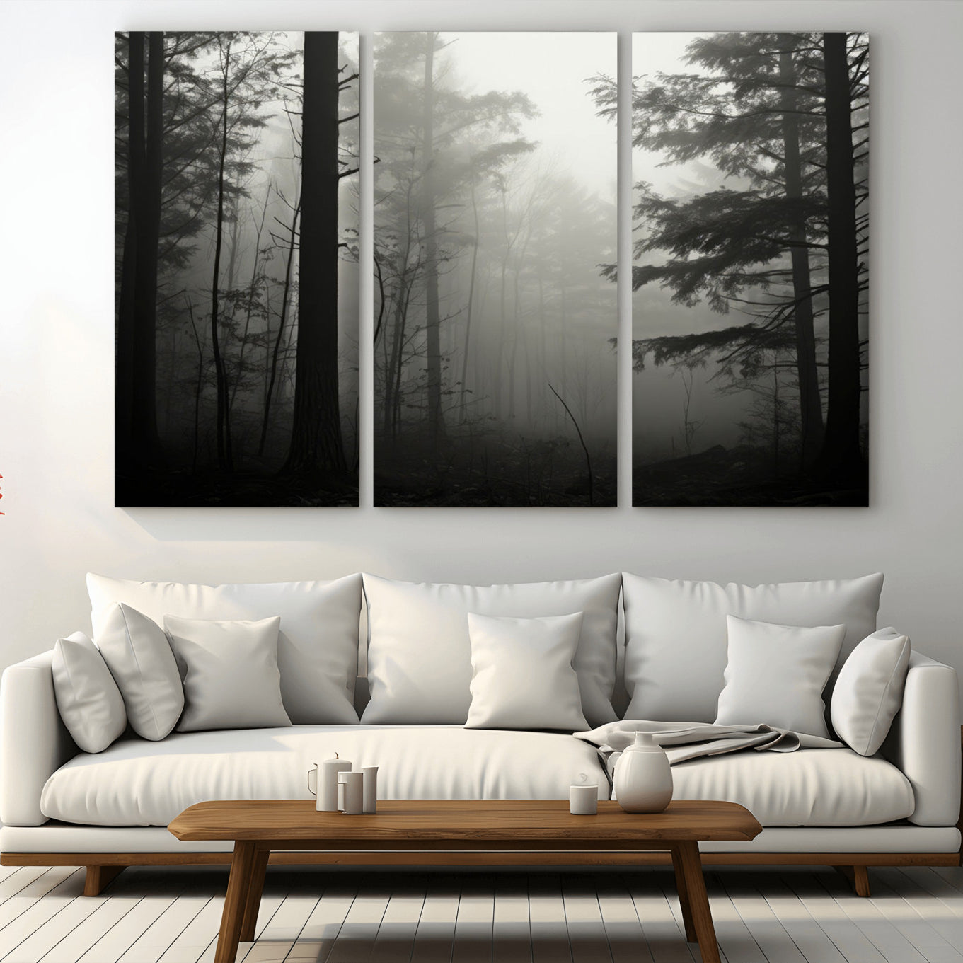 63515-MGV-CV-48X32-3P-Misty Forest Wall Art Premium Canvas Print a Foggy and Serene Atmosphere - Nature Wall Art