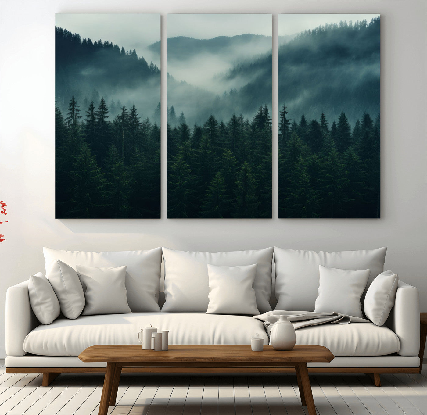 95647-MGV-CV-48X32-3P-Captivating Misty Forest Wall Art Premium Canvas Print, Foggy and Serene Atmosphere Wall Art Canvas
