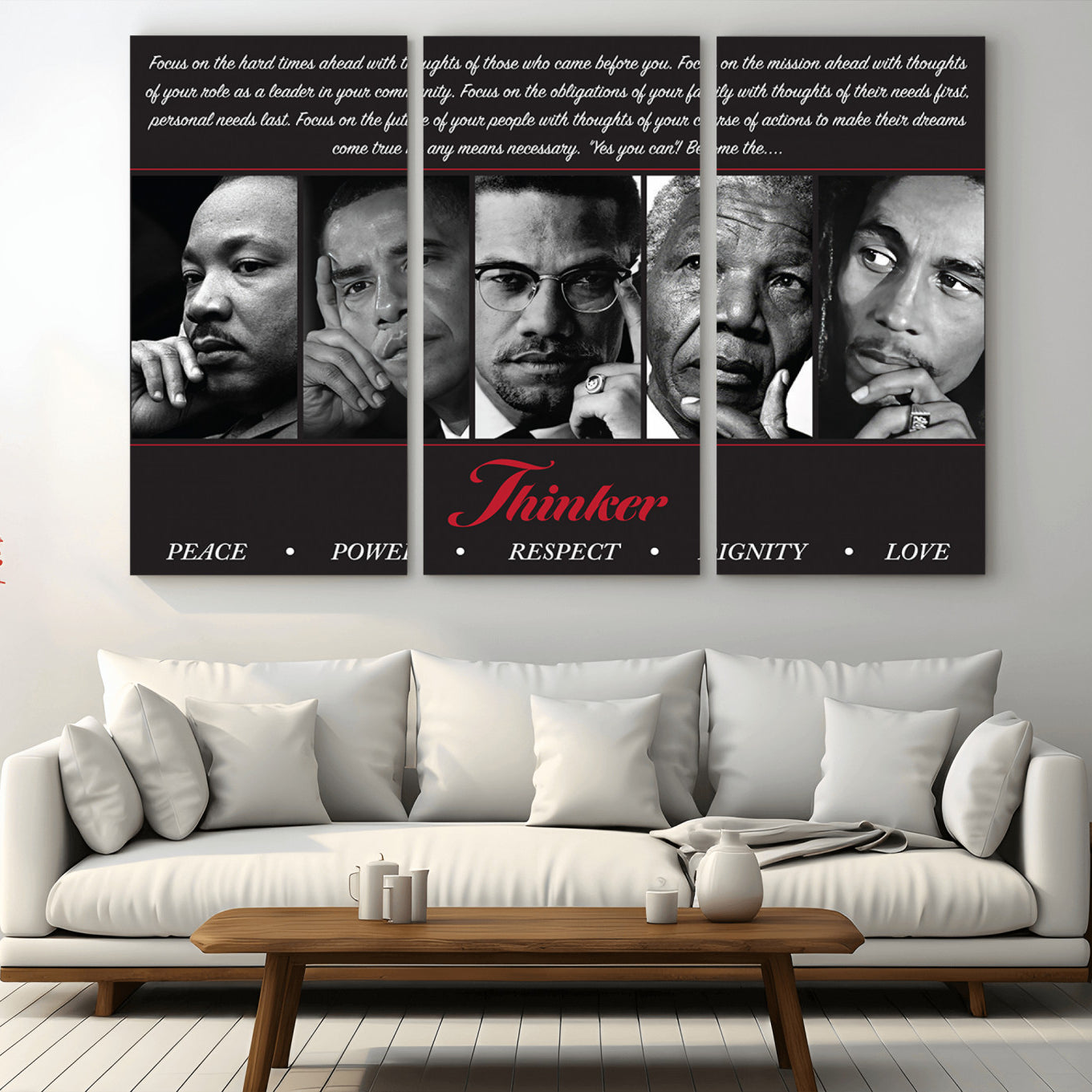 -Thinker Quintet Canvas Wall Art – Martin, Obama, Malcolm X, Mandela, Marley Featuring Peace, Power,