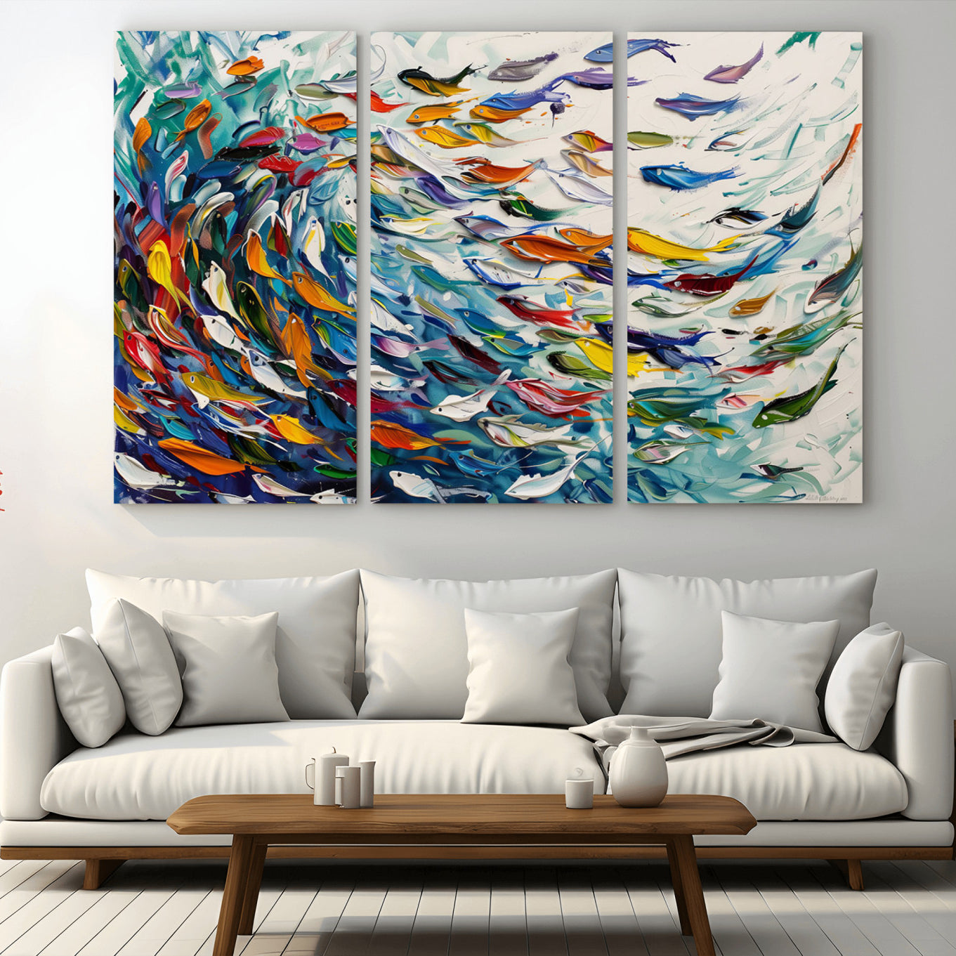 -Modern Abstract Fish Shoal Wall Art Canvas Print, Colorful Fish Herd Painting on Canvas Print, Ocean