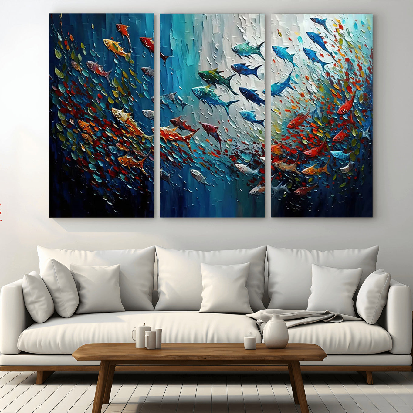 -Modern Abstract Fish Shoal Wall Art Canvas Print, Colorful Fish Herd Painting on Canvas Print, Ocean