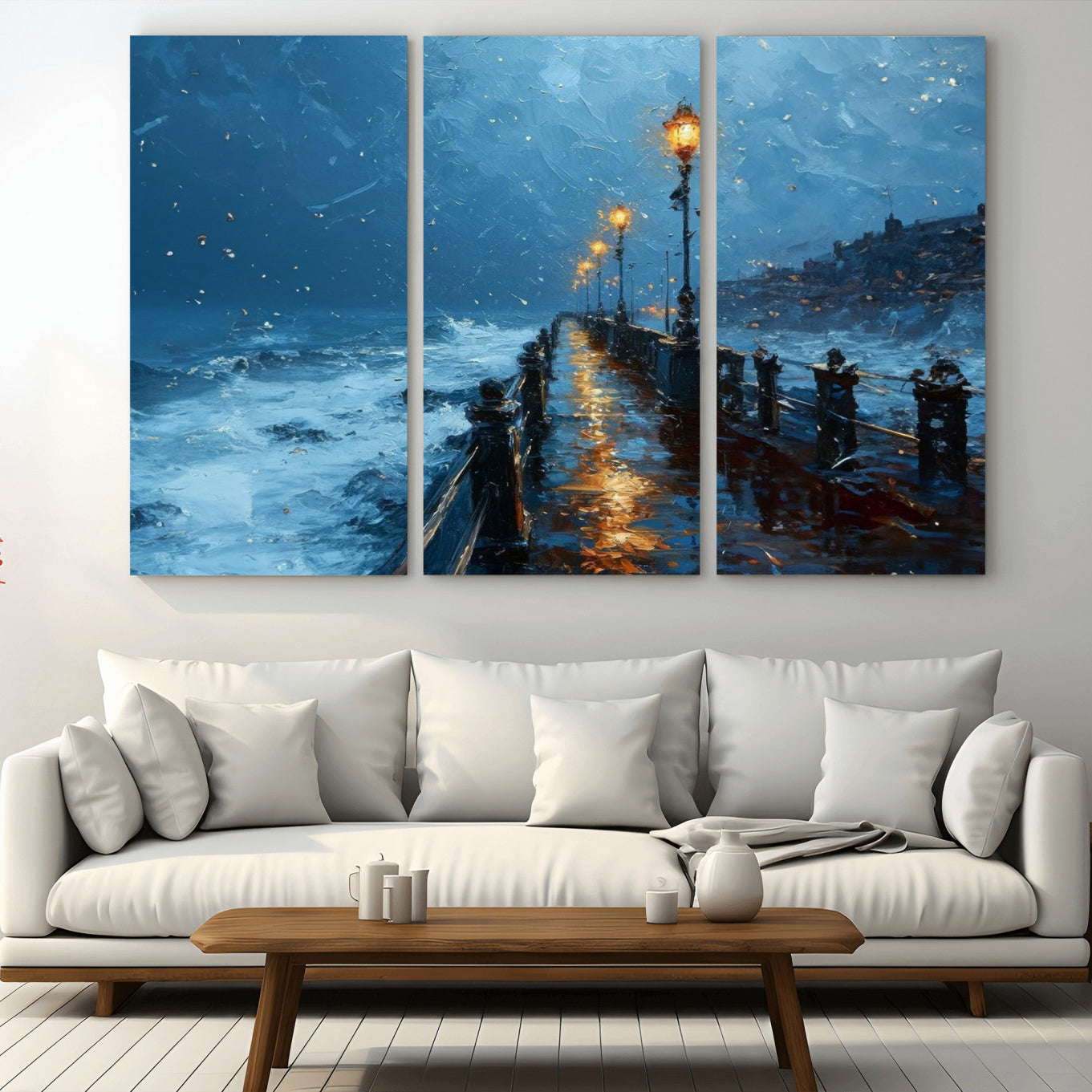 47244-MGV-CV-36X24-Stormy Night at Beach Pier Oil Painting Large Wall Art Print, Framed Canvas Nature Wall Decor,