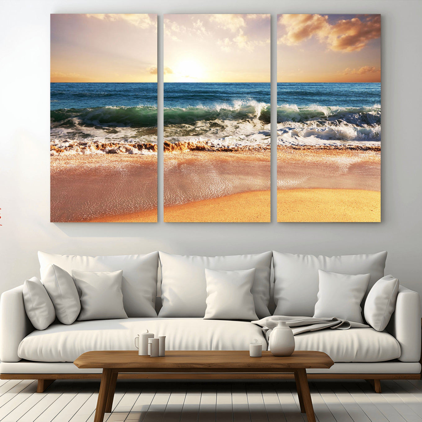 42011-MGV-CV-36X24-Sunset Beach Wall Art - 3-Panel Framed Canvas Print, Ready to Hang Ocean Sunset for Coastal and
