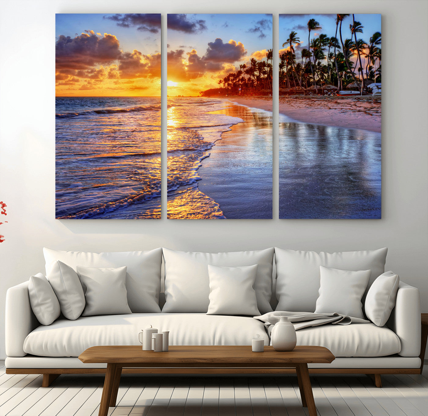 32177-MGV-CV-48X32-3P-Serene Beach Sunset Wall Art Canvas- Coastal Seascape Print for Living Room or Bedroom, Ocean Waves