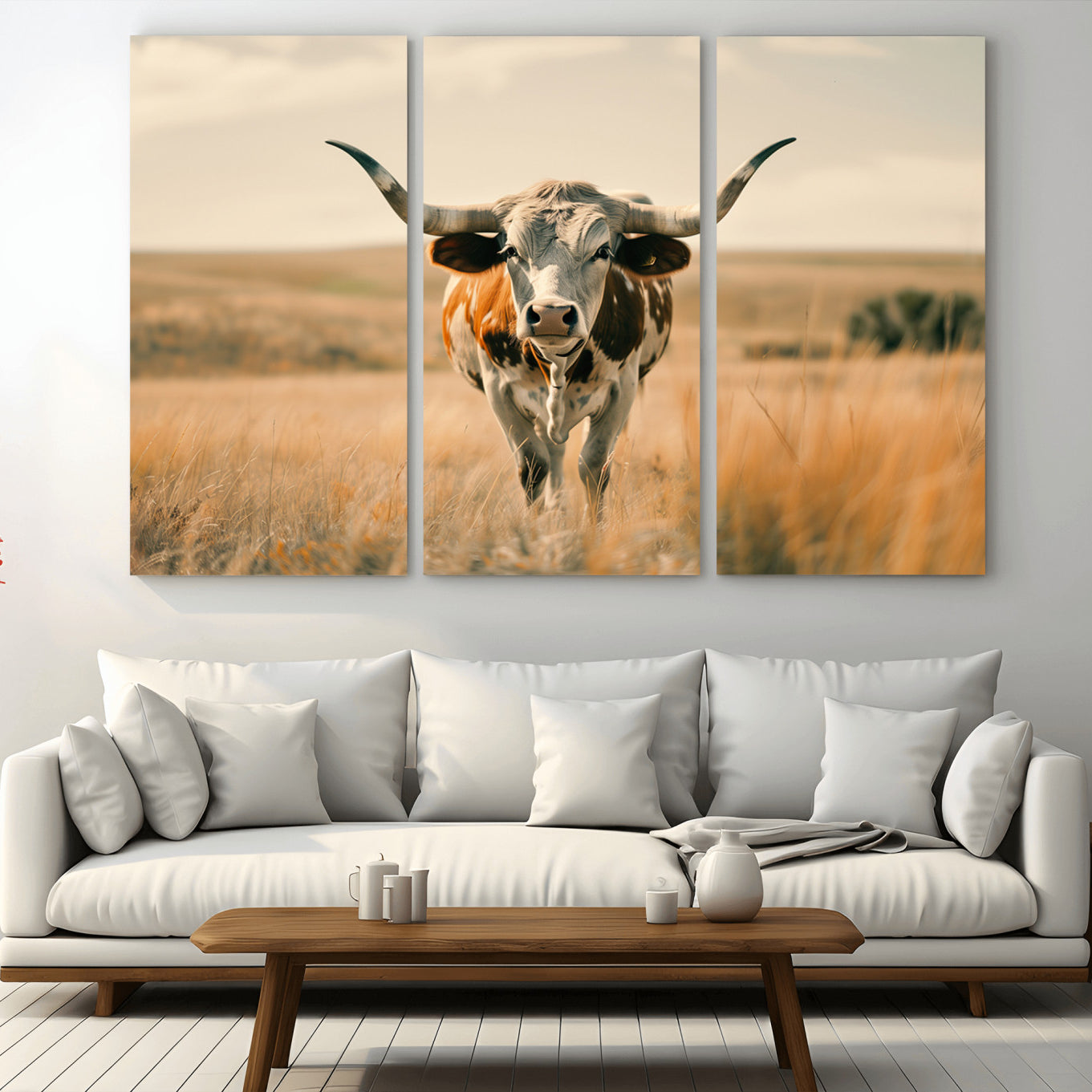 -Texas Cow Longhorn Wall Art Canvas Print for Farm House Wall Decor, Farmhouse Cow Print Canvas Wall