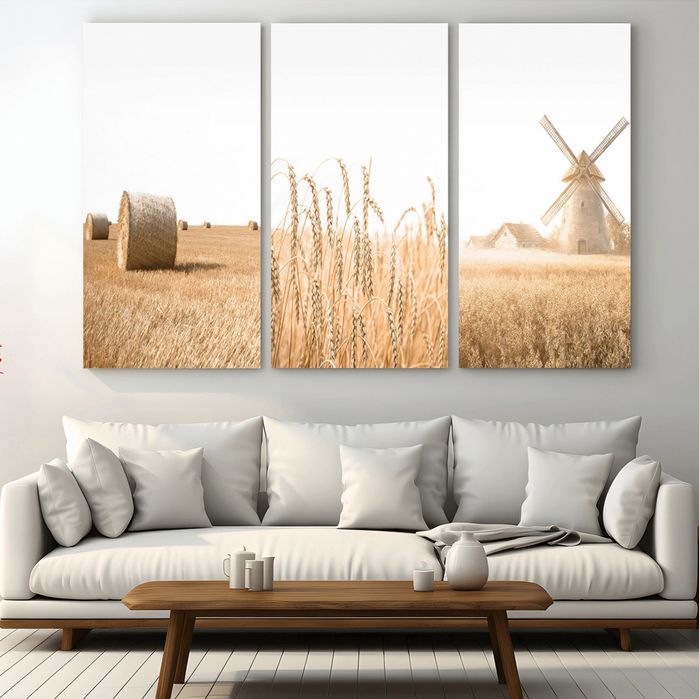 88780-MGV-CV-36X24-Vintage Farmhouse Triptych Wall Art – Giclée Canvas Featuring Wheat Fields, Hay Bales, and a