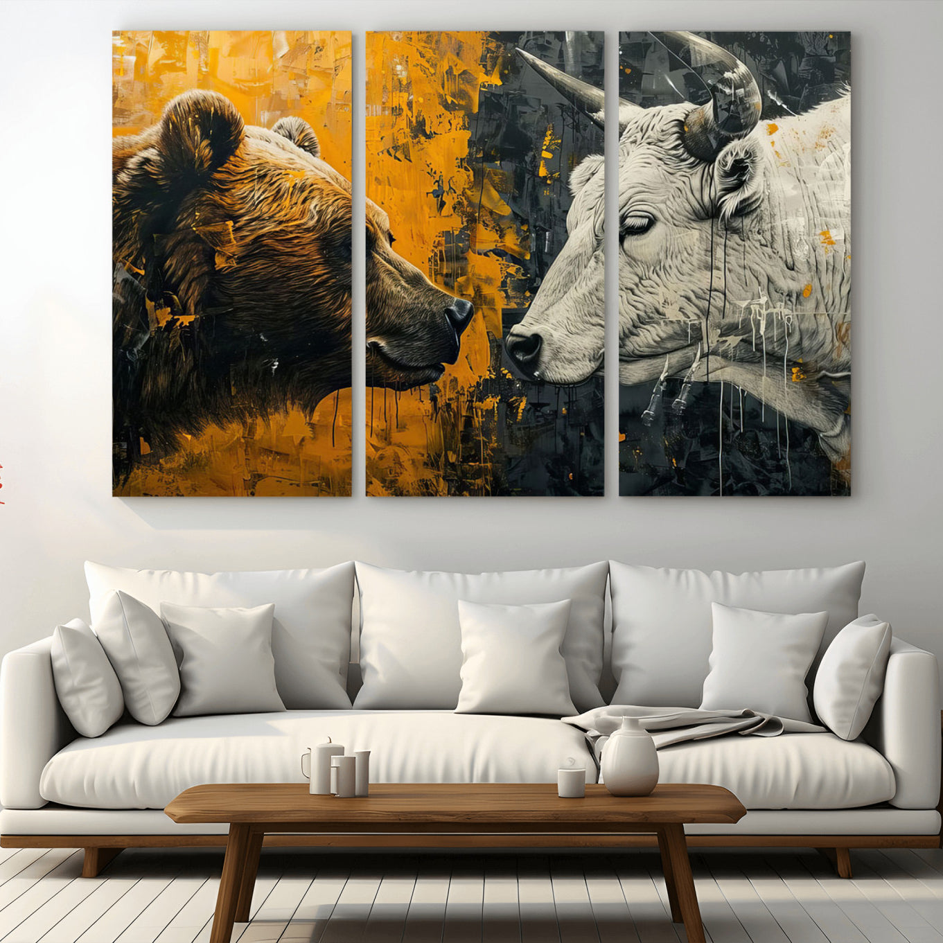 71185-MGV-CV-36X24-Bear and Bull Wall Art Canvas Print – Abstract Animal Portrait Painting for Modern Home Decor –